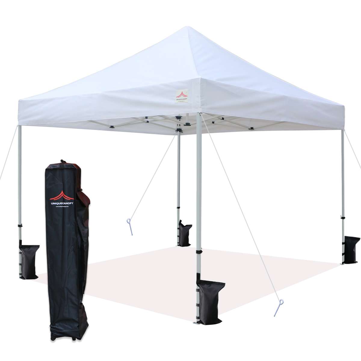 A clean white 10x10 pop-up canopy without side walls.